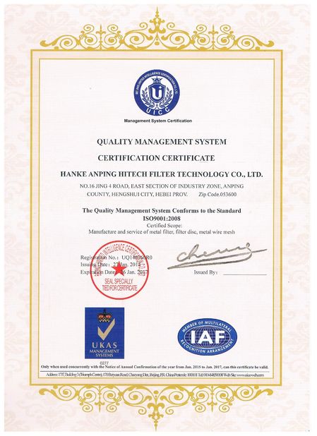 China Anping Hanke Filtration Technology Co., Ltd Certificaciones